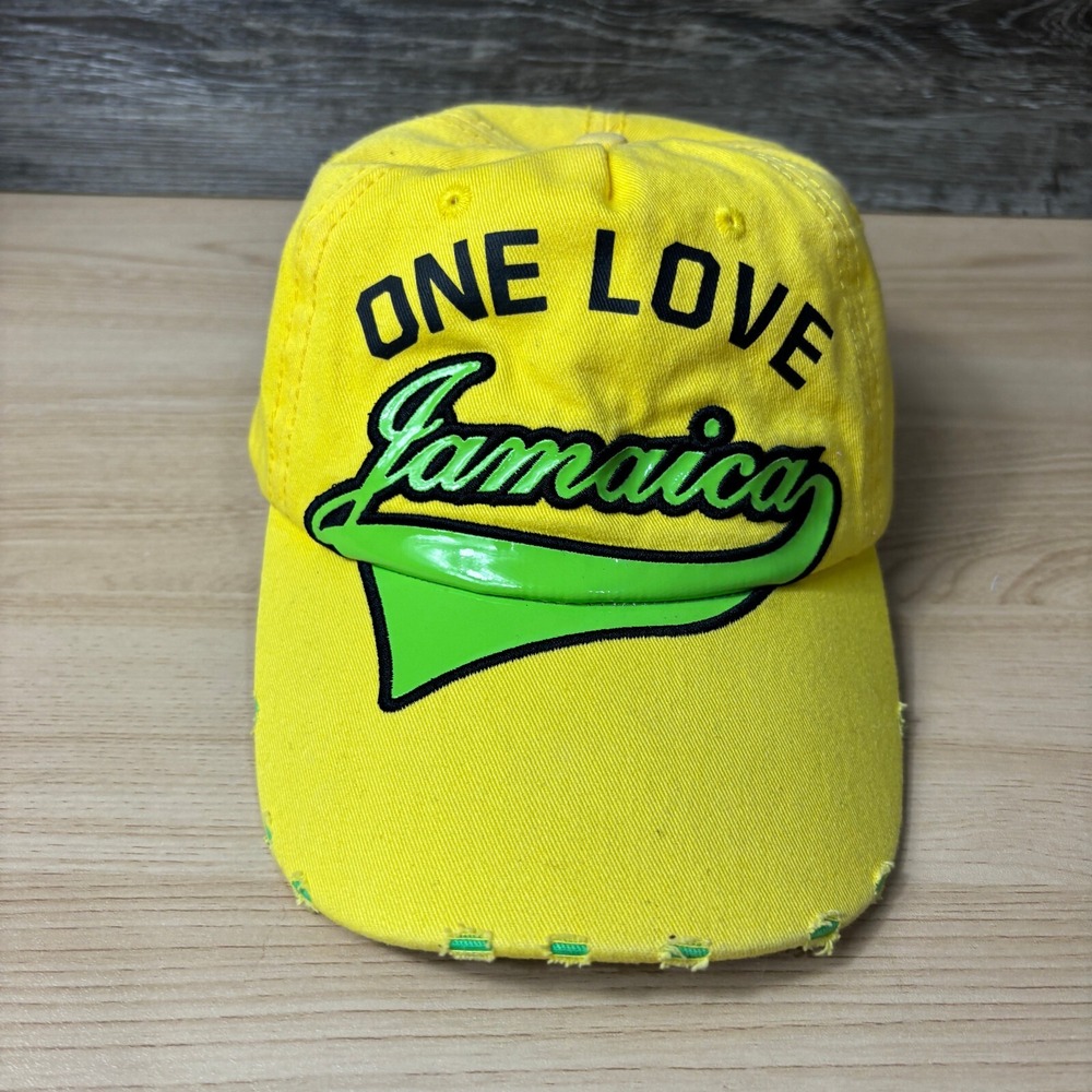 Jamaica Hat Cap Strap Back Yellow Distressed One Love Adjustable‎